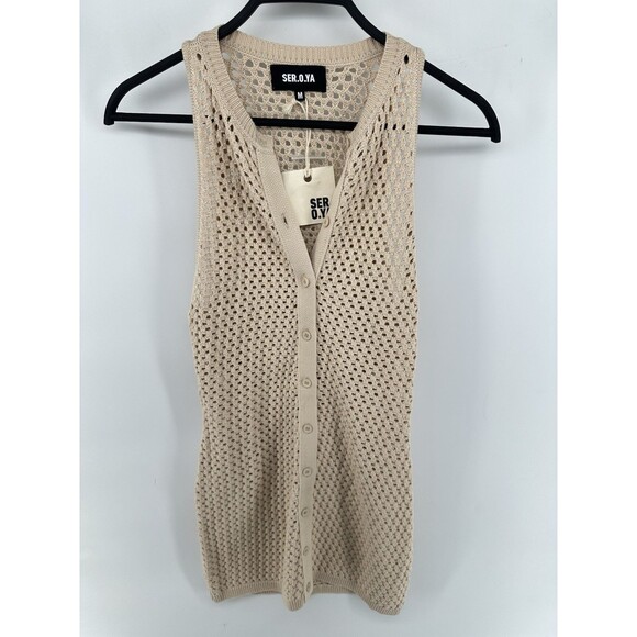 SER.O.YA Womens Crochet Vest Cream Beige Size M Tilli Knit Sleeveless Button Up - Picture 1 of 9